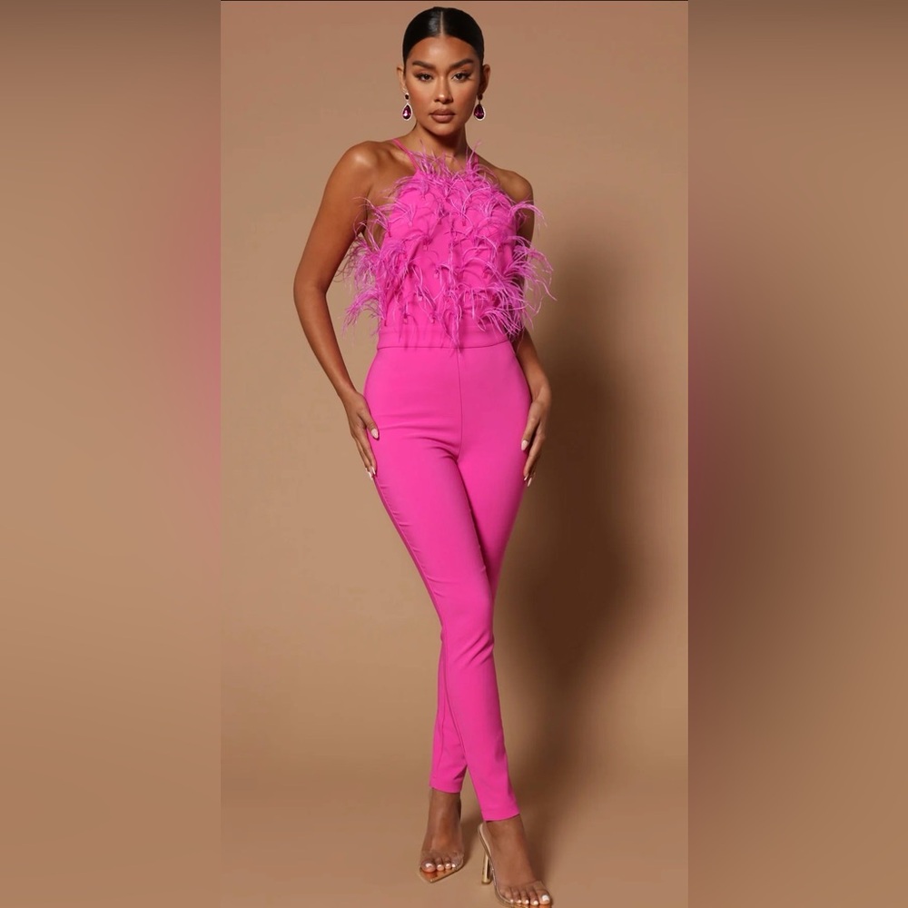 Feather-Trim Hot Pink Skinny Jumpsuit